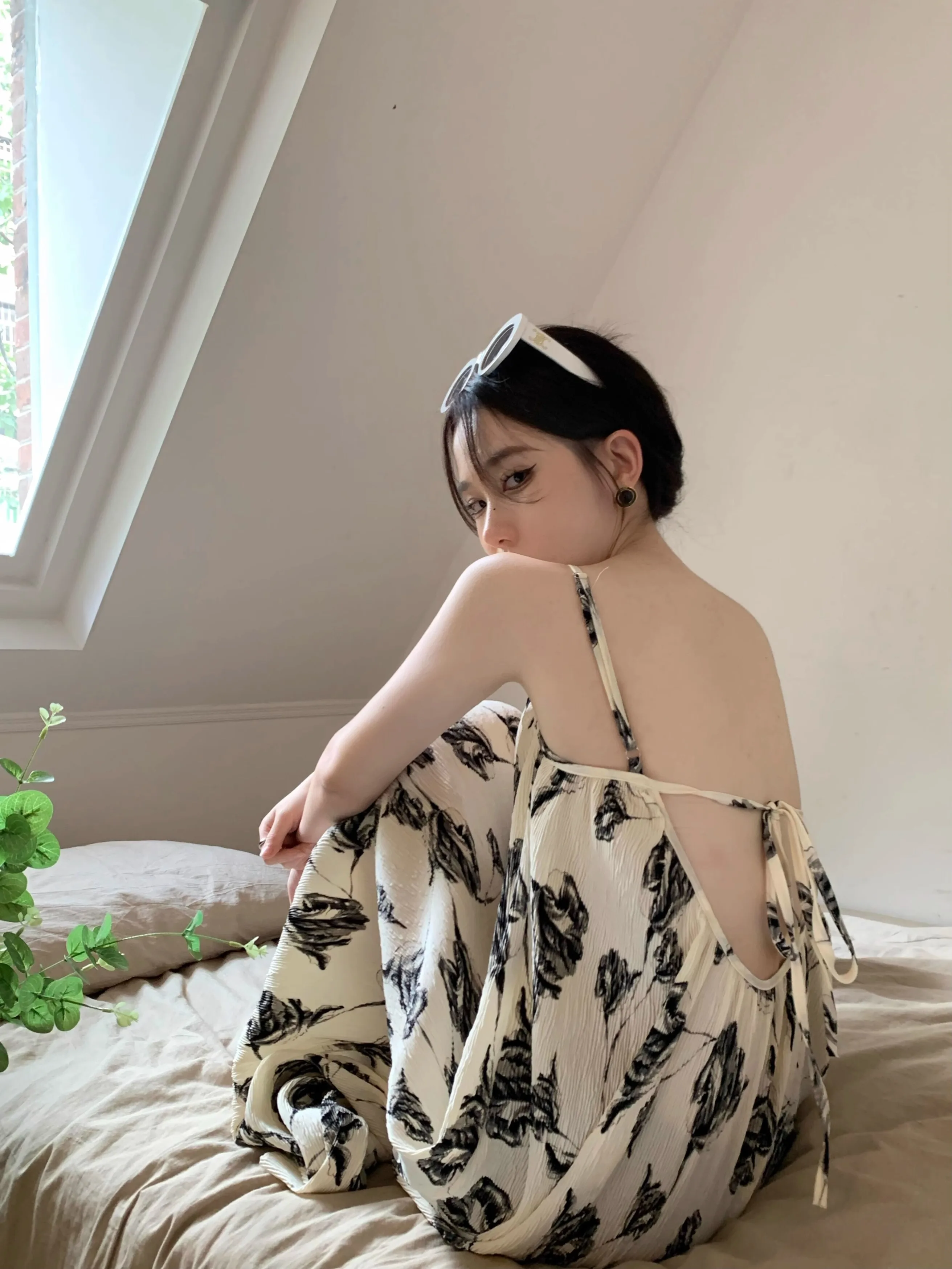 

Summer New Sweet Floral Print Sleep Dress Women Sexy Strapless Backless Home Clothes Short Sleeve round Neck Gown for Youth