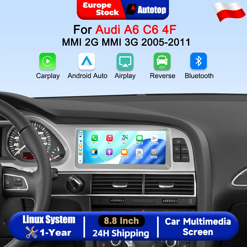 8,8-calowy bezprzewodowy ekran dotykowy z funkcjami CarPlay i Android Auto do samochodów Audi A6 C6 4F (2005–2011), wyposażony w system MMI 2G/3G, inteligentne systemy multimedialne, radio samochodowe