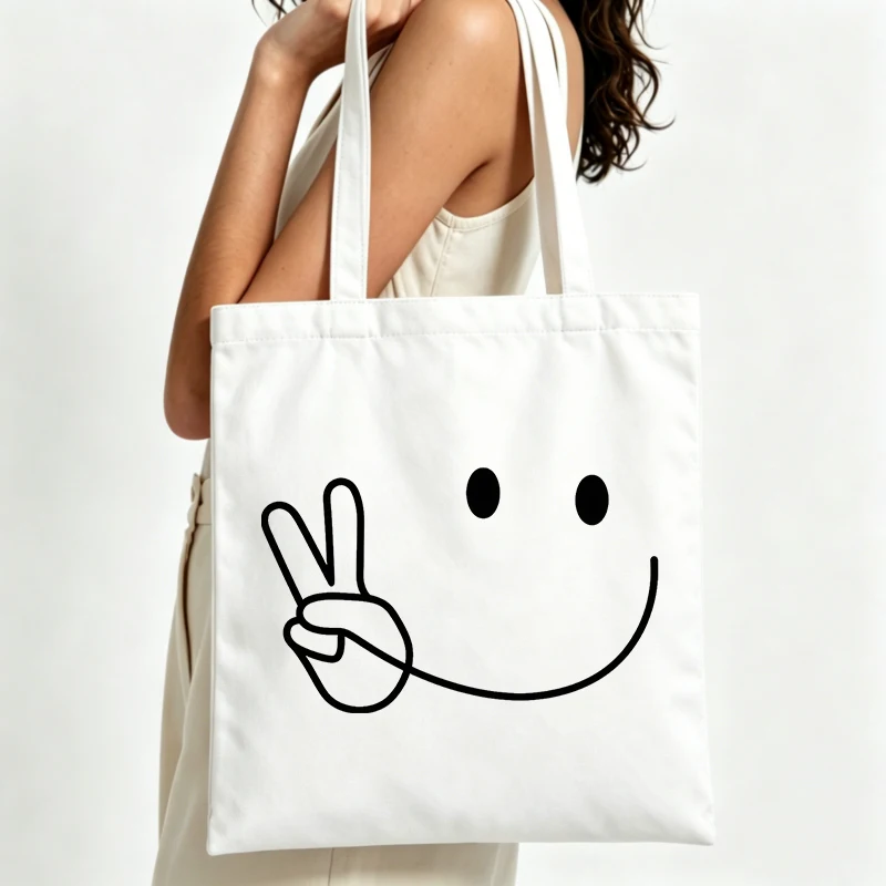 smiley face with peace sign canvas tote bag, casual style for daily shopping and casual outings