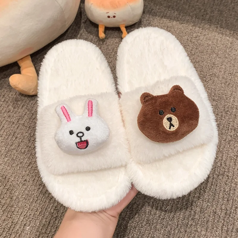 LINE FRIENDS Brown Bear Connie Rabbit Girls Home Slippers Non Slip Plush Couple Autumn Winter Wear Warm Cartoon Kids Gifts