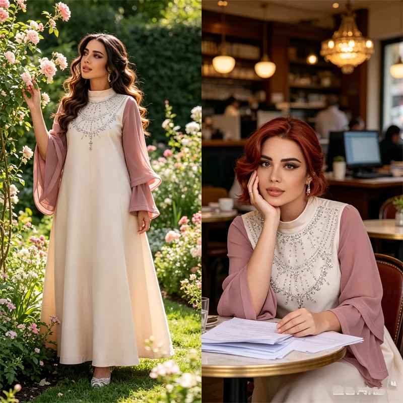 Eid Satin Diamonds Abayas for Women Flare Sleeve Muslim Dress Turkey Kaftan Dubai Abaya Caftan Marocain Femme Islamic Jalabiya