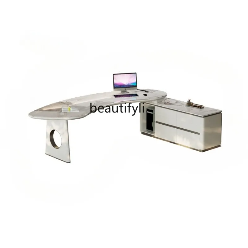 

Italian-Style Light Luxury Desk Simple Boss Computer Table and Chair Combination Stone Plate President Home Desk Desk Desk