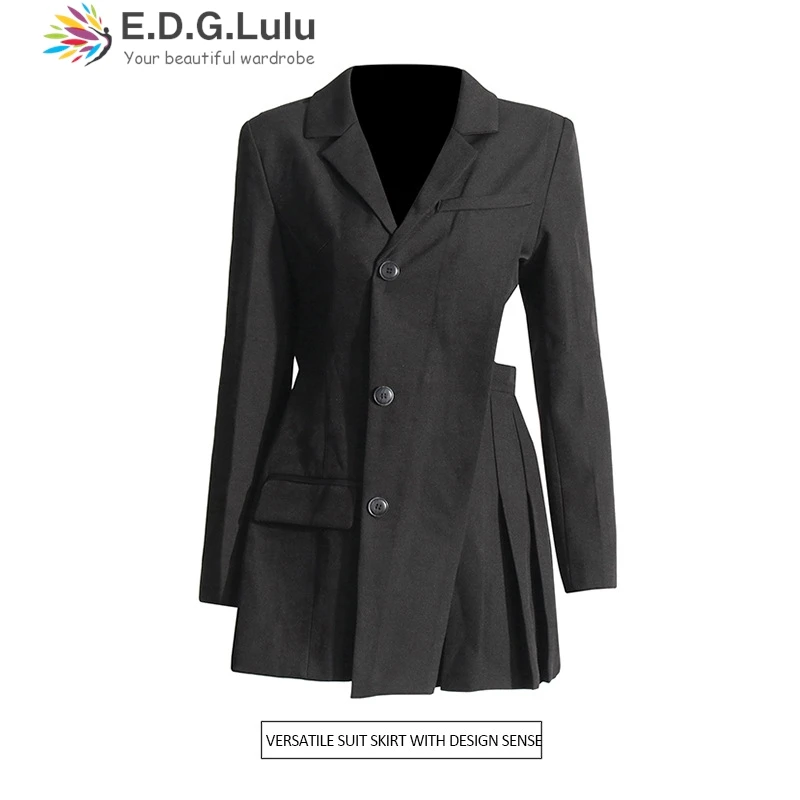 

EDGLuLu Chic Spring Summer Women Design Hollow Folds Irregular Blazers Coat Turn-Down Collar Long Sleeve Black Suits Jacket 0817