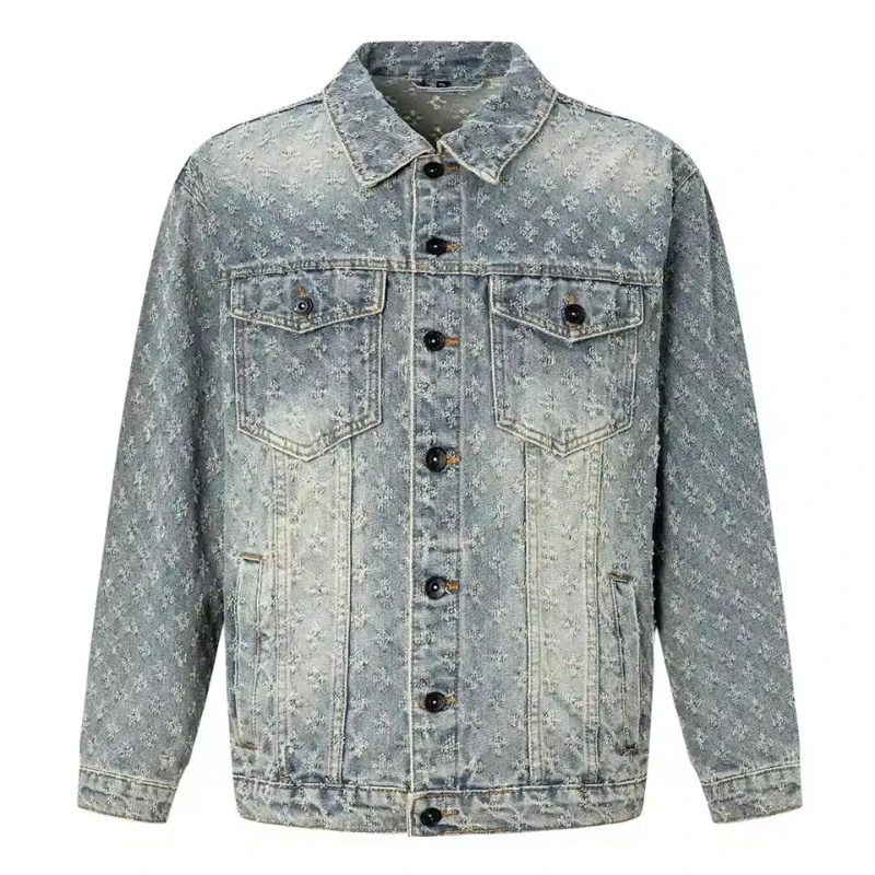 Men Distressed Ripped Denim Jacket Streetwear Loose Cotton Coat Fashion Vintage Blue Black Beige Outerwear