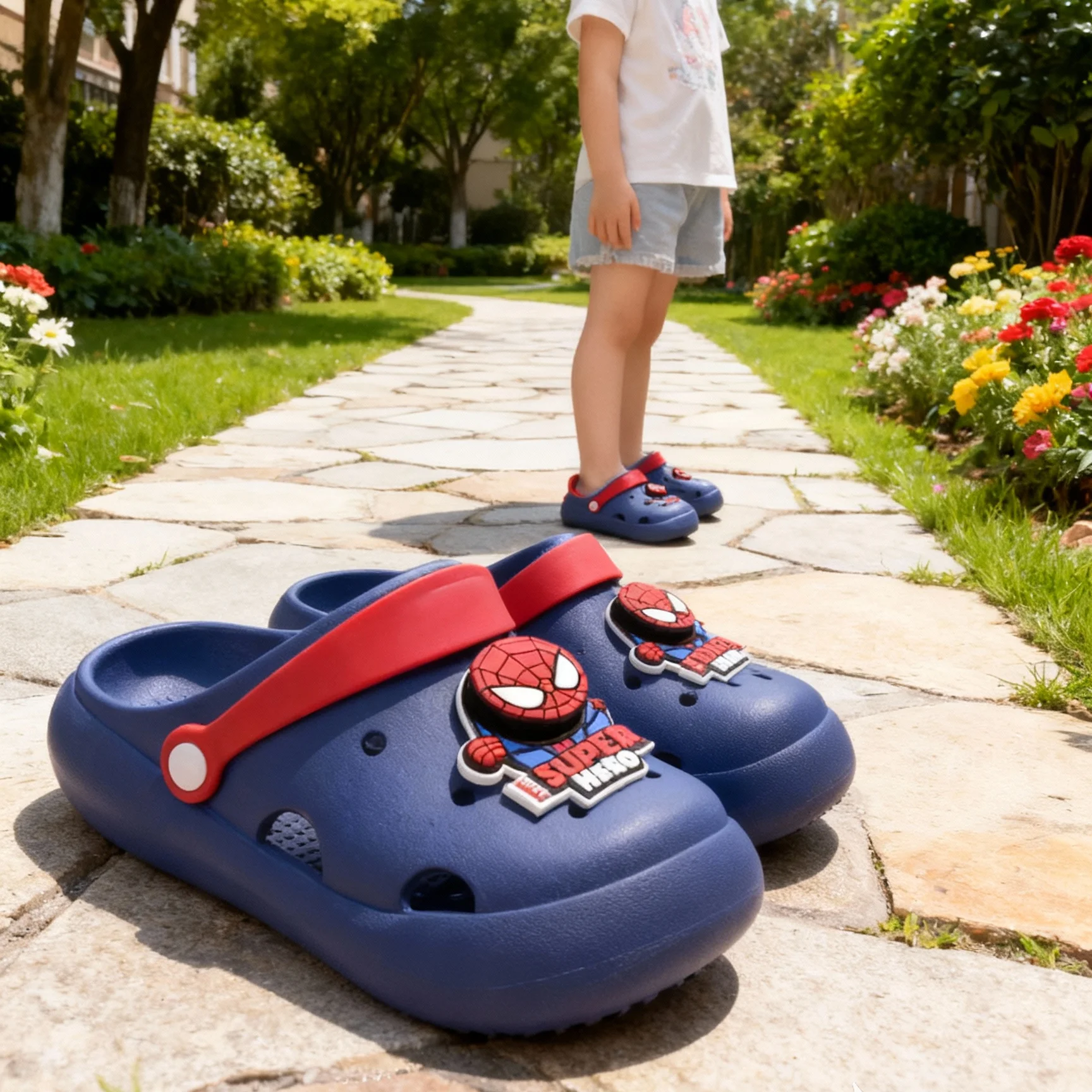 

Kids'Casual Slippers Beach Cartoon Spider-Man EVA Summer Shoes For Soft Bottom Anti-slip Boys Blue Shoes Size 28-37