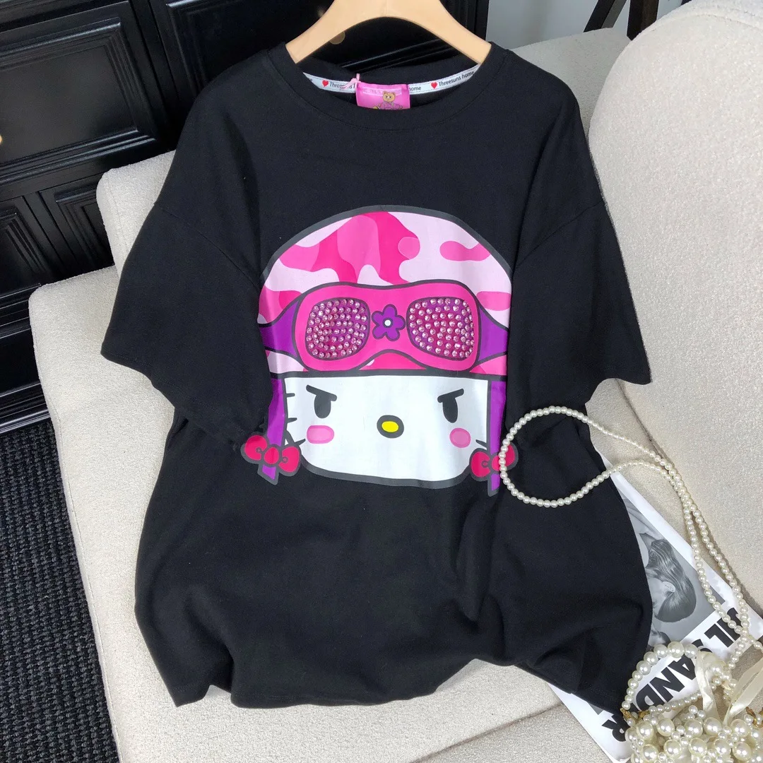 Winter Thickened Polished T-shirt Korean Version Casual Diamond-encrusted Cartoon Cat Print Short-sleeved Top Women Clothes