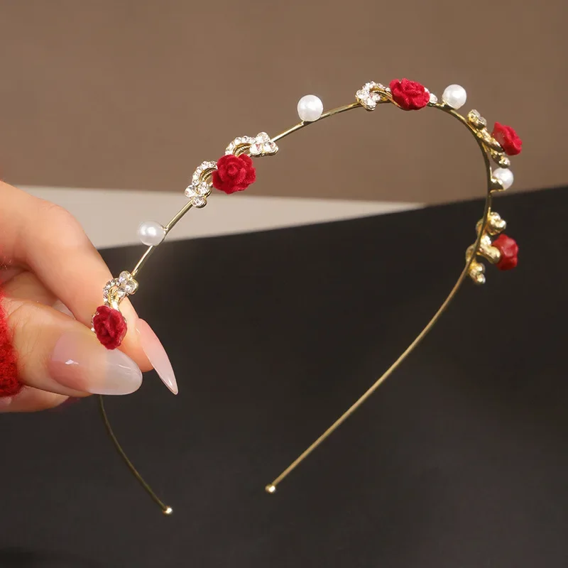 Ikat Kepala Mutiara Mawar Musim Panas Retro Jepit Rambut Kelas Atas Hiasan Kepala Desain Ceruk Tekanan Mutiara Daun Bezel Ikat Rambut Aksesori Rambut