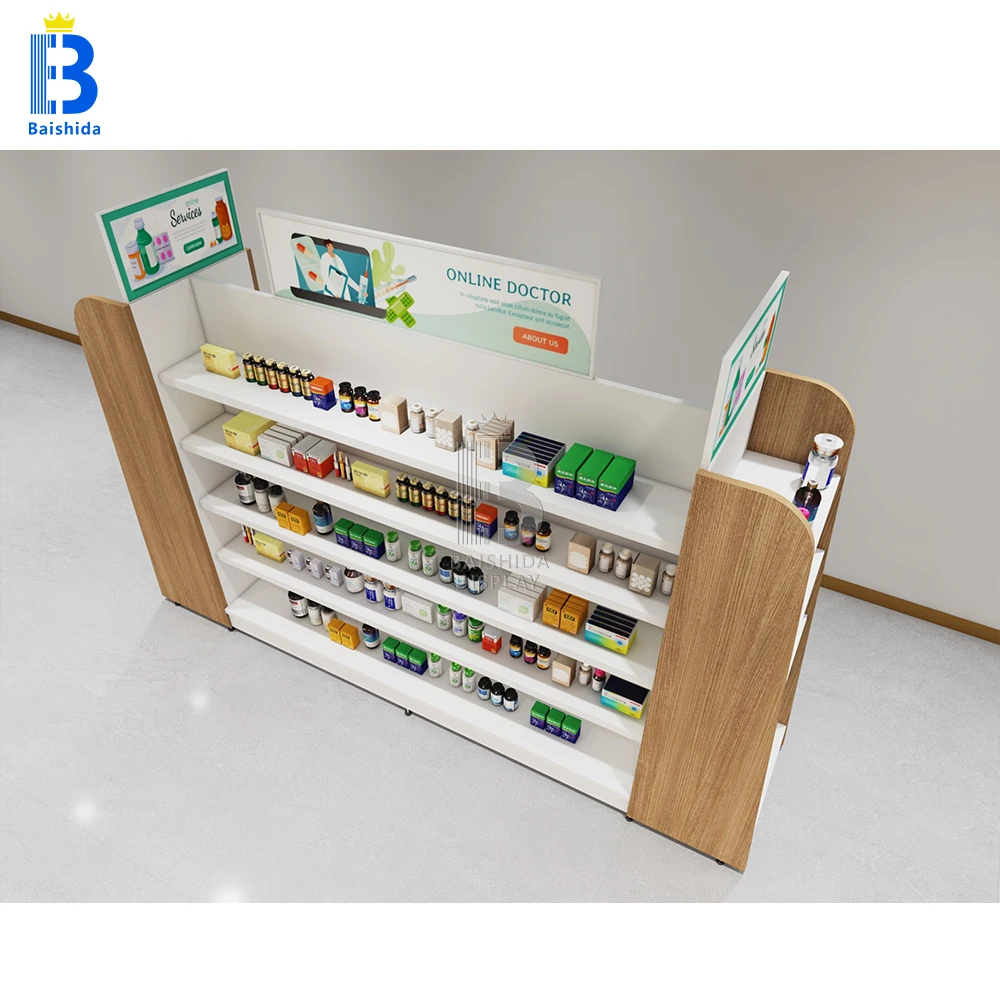 ร้านขายยาโต๊ะแสดงการดูแลสุขภาพยาตู้โชว์ไม้ร้านค้าทางการแพทย์ผลิตภัณฑ์ดูแลจอแสดงผลรางคณะกรรมการตู้