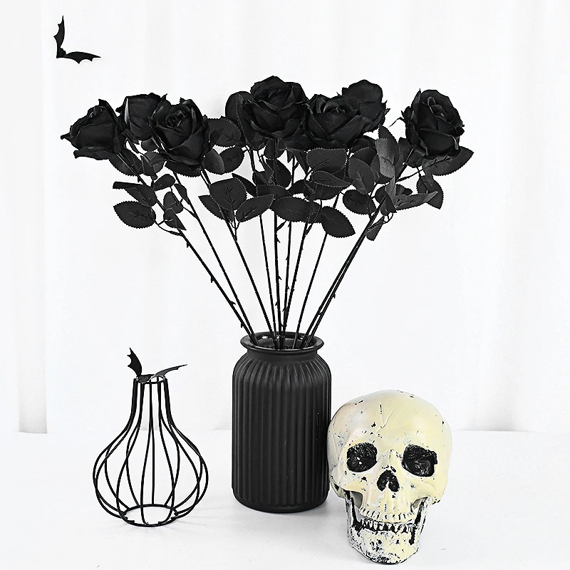 5pcs Pure Black Rose Halloween Ghost Festival Horror Gothic Style Bouquet Dark Series Decoration Home Garden Room Decoration