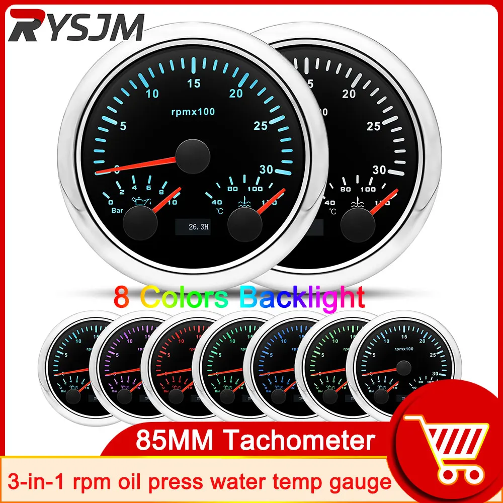 

Universal 85MM 3000 RPM Tachometer 3 IN 1 Oil Pressure Water Temperature For Boat Car 7 Color Backlight Waterproof 12V24V Guage