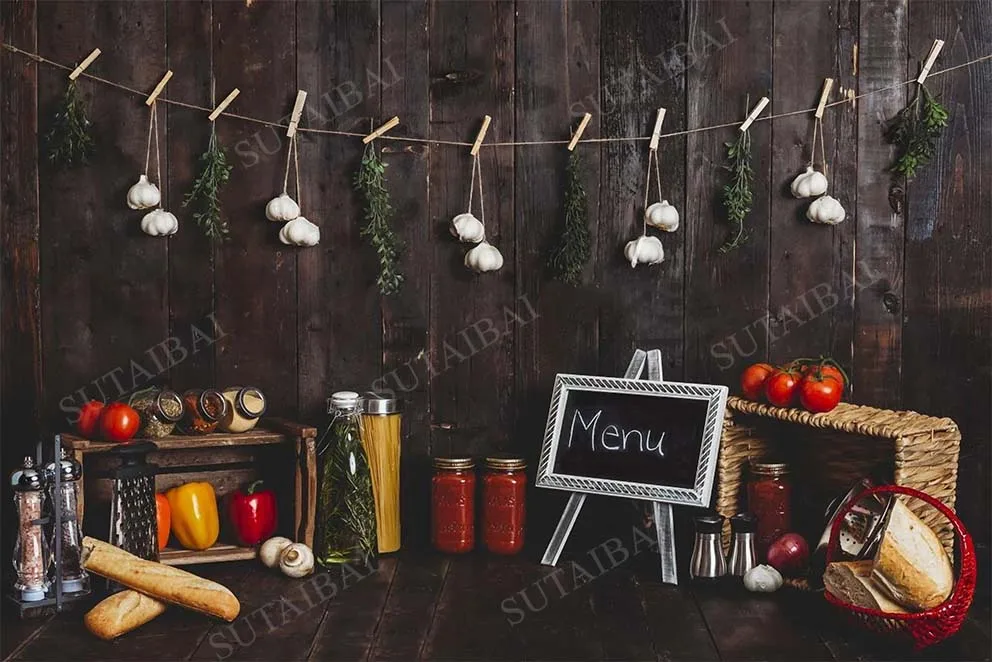 Menu Kitchen Newborn Little Chef Birthday Portrait Backdrop Photo Studio Cook Birthday Cake Smash Background Wooden Bread Tomato