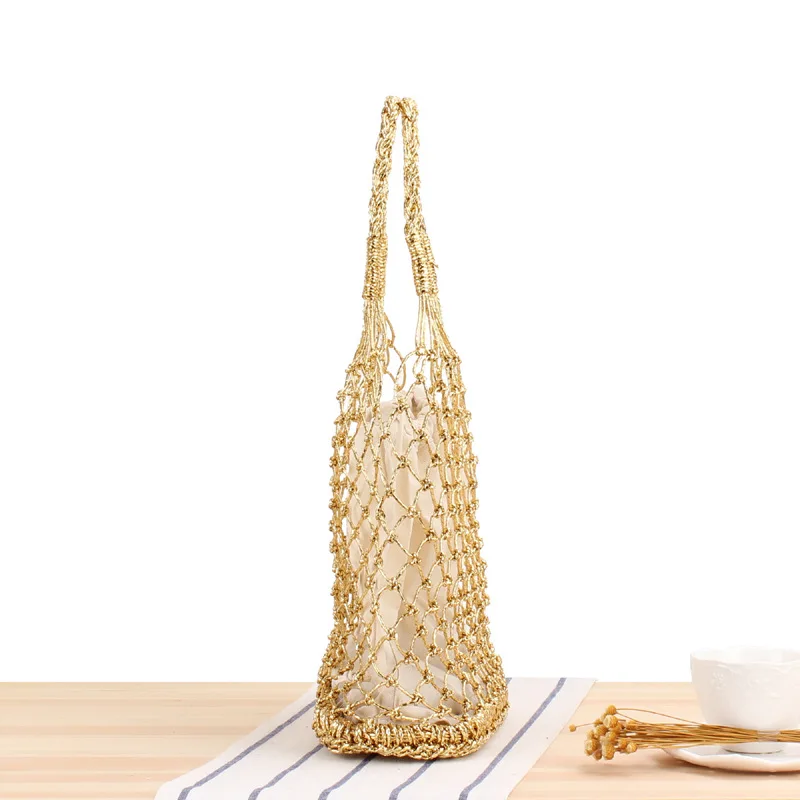 Solid Gold and Silver Thread Hand Hook Woven Bag for Women\'s Hand Straw Woven Bag Beach Bag