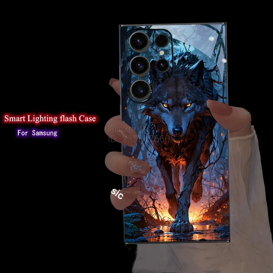 

Fashion Call Light Flash Wolf Case For Samsung S25 S23 S22 S21 S20 Ultra Note 20 S24 Plus A33 A55 A35 A36 A26 Illuminate Funda