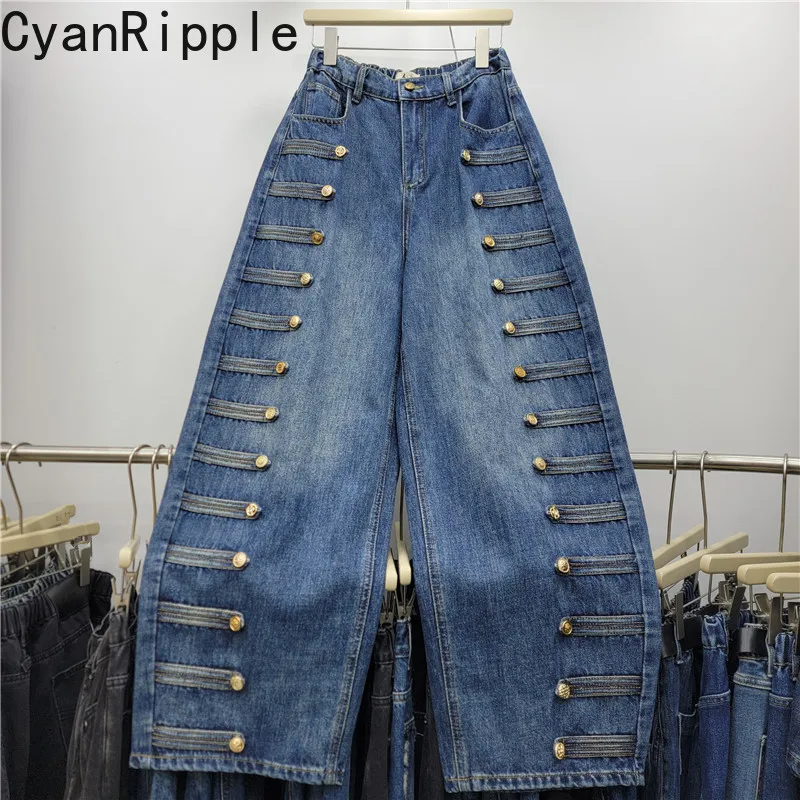 High Street New Autumn All-match Elastic Waist Loose Wide Leg Jeans Personality Metal Button Fashionable Straight Denim Pants