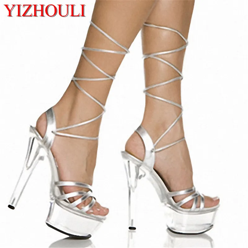 

15cm high-heeled shoes sexy platform thin heels women's shoes 6 inch summer cross strap sandals crystal dance shoes