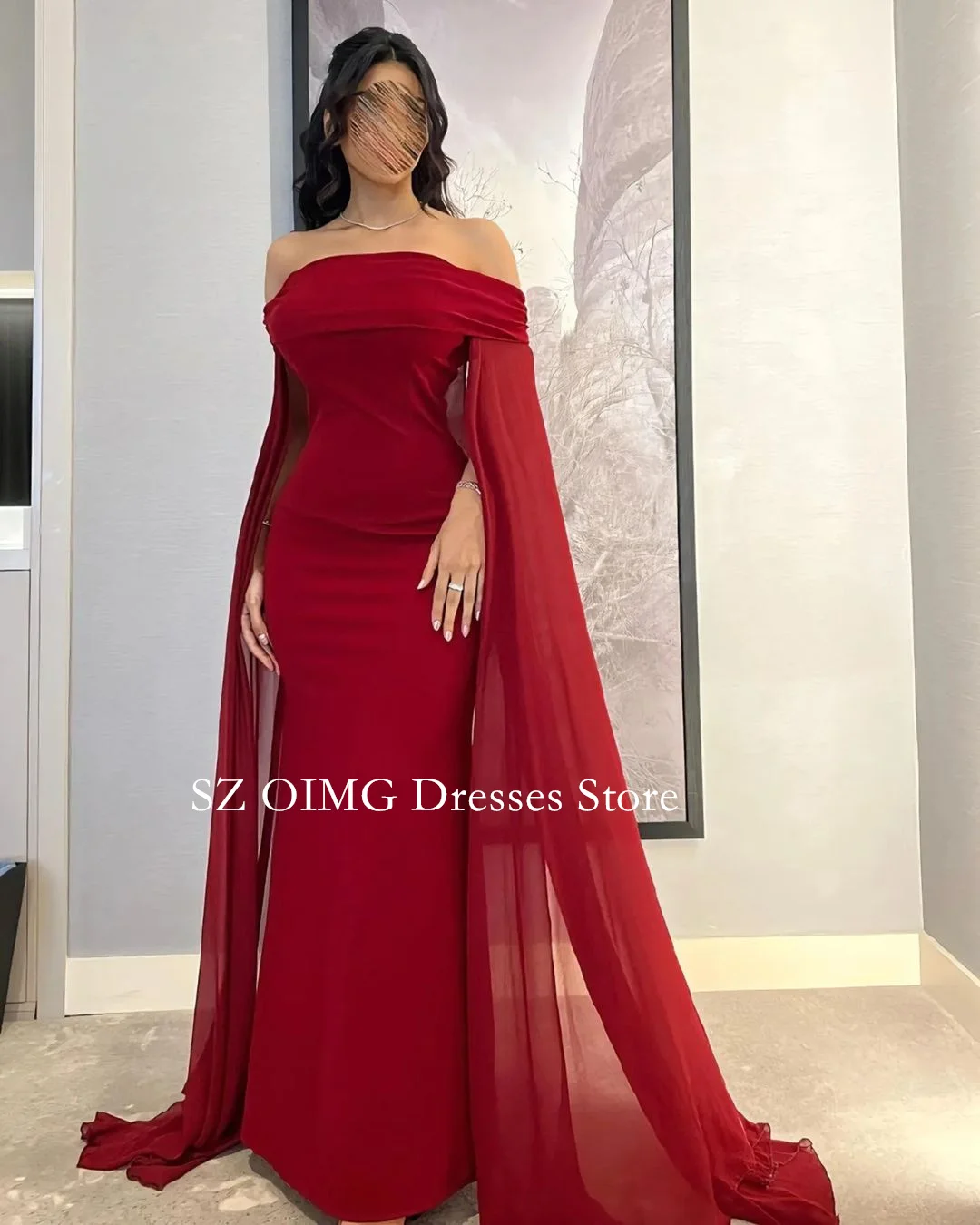 

OIMG Dubai Mordern Off Shoulder Mermaid Red Prom Dresses Evening Dress Satin Long Women Evening Gowns Formal Party Dress