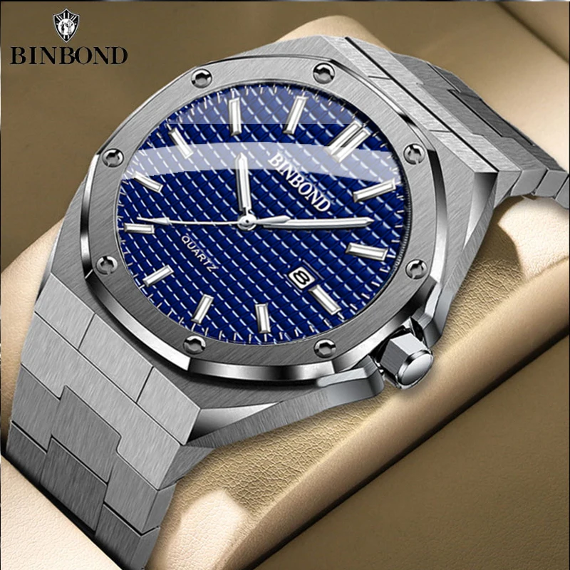 ساعة BINBOND الرجالية من أفضل العلامات التجارية Royal Casual للرجال بمينا كبير فضي من الفولاذ المقاوم للصدأ بتقويم كوارتز ساعة يد كلاسيكية مضيئة