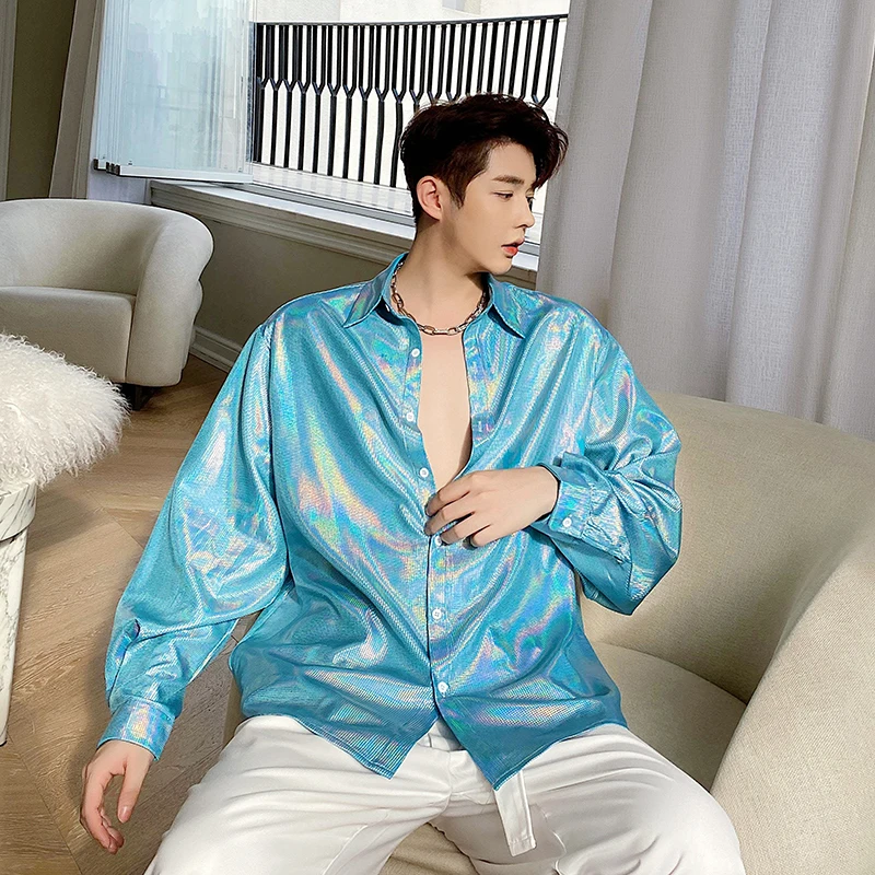 

Silver Long Sve Men's irt Night Club Performance DJ Stage Outfit Glowing Mirror Fini Youth Faion Casual irt