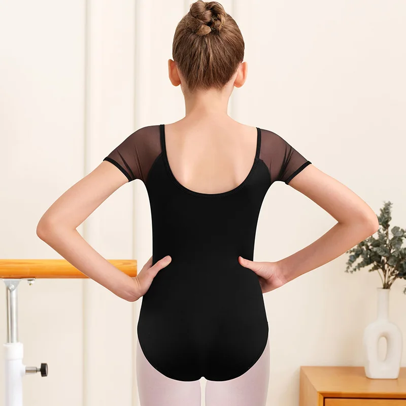Girls Mesh Short Sleeve Ballet Dance Leotards for kids Gymnastics Dance Tops with V-shape Mesh Front and Soft Lining Dancewear