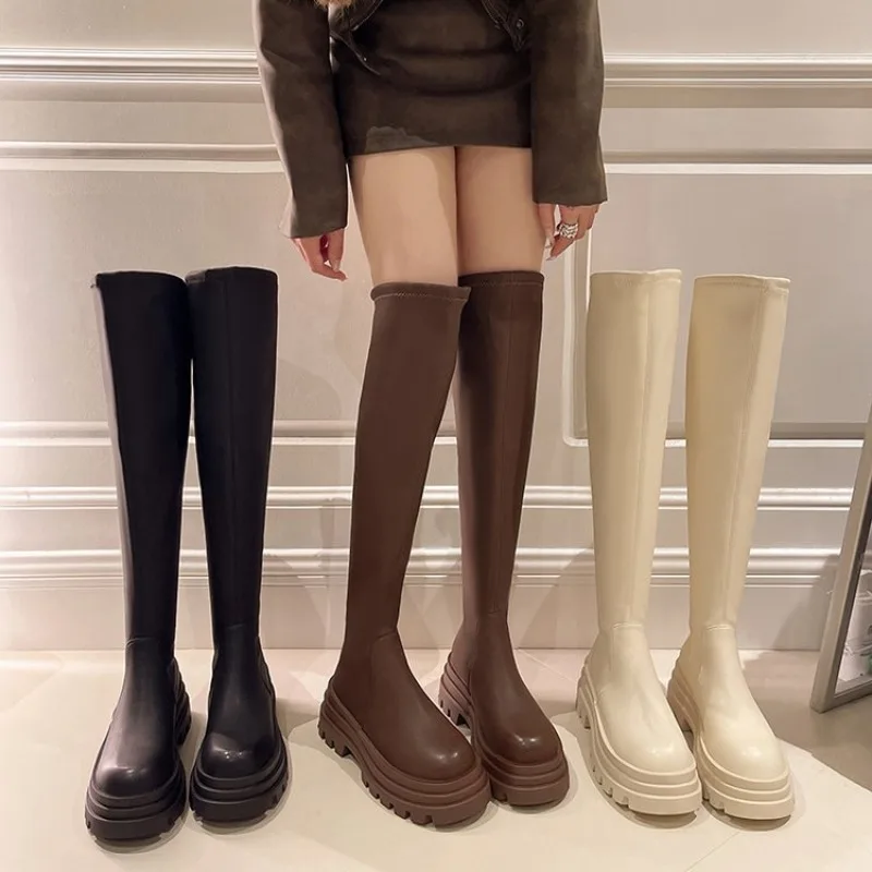 

Winter Women Knight High Boots Fashion Back Zippers Ladies Elegant Platform Flats Long Booties Short Plush Women's Footwear New