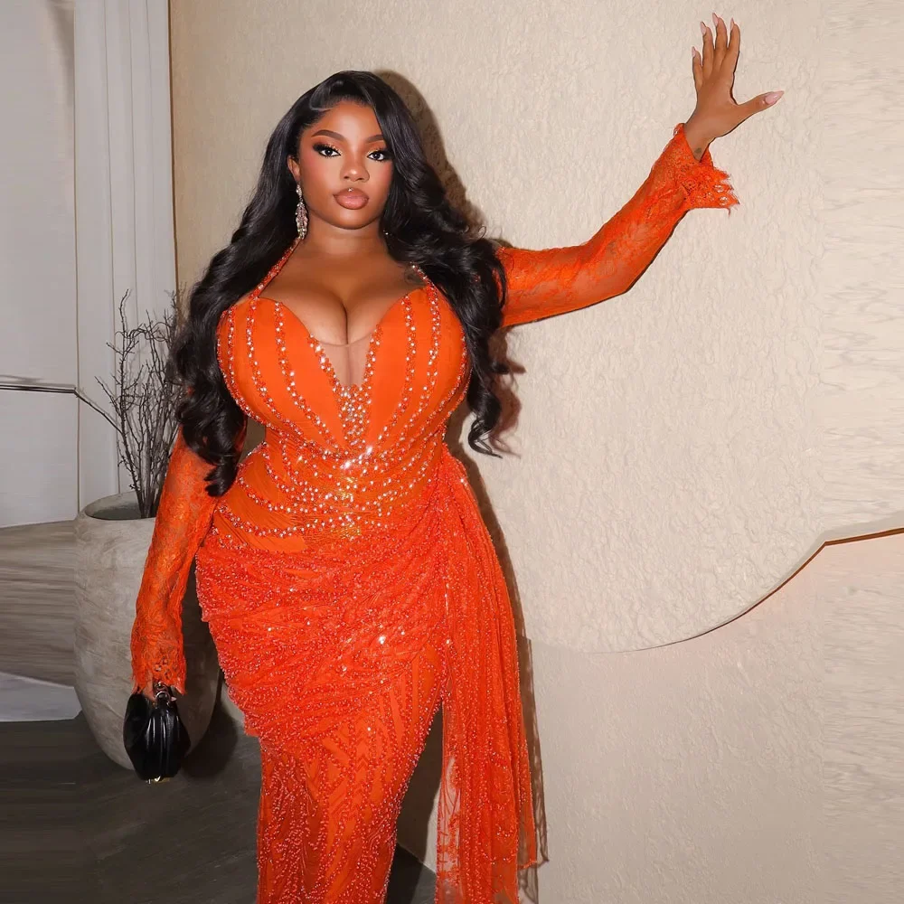 Vestidos de Noche elegantes de sirena de encaje, vestido de fiesta de talla grande de manga larga, vestidos de cumpleaños para mujer Aso Ebi