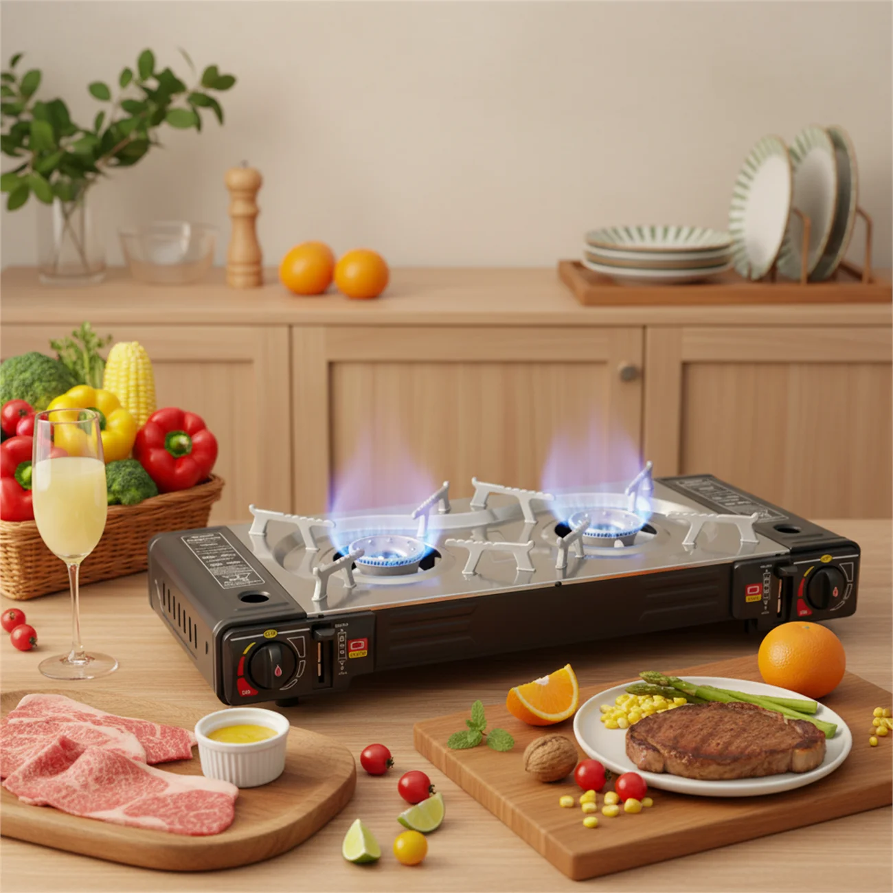 

2-Burner Butane Camping Stove with Portable Case + Baking Pan, 2100-2500W Tabletop ≤34cm Pot Diameter Gas Powered