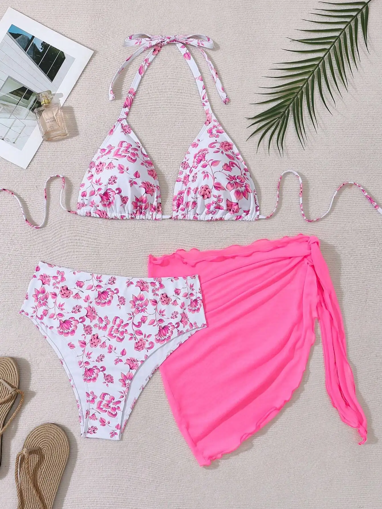 

Floral Print Halter Bikini Set With High-Waisted Bottoms And Neon Pink Wrap Skirt For Summer Beach Wear