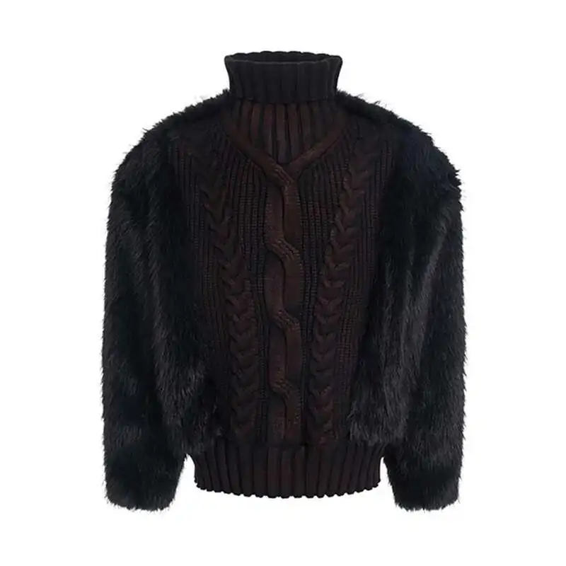 LUZHEN Imitation Fur Patchwork High Neck Sweater Autumn Winter Thick Velvet Lining Scrawl High End Street Wave Knit Tops LZ8047