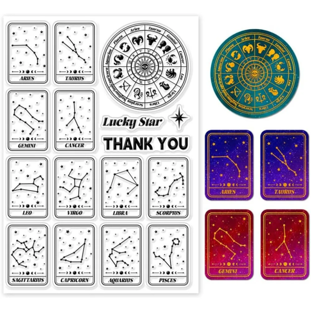 12 tarjetas de astrología, sellos transparentes, tarjetas de 12 constelaciones, sellos transparentes, sellos de silicona de estrella de la suerte para álbum de fotos de álbum de recortes DIY