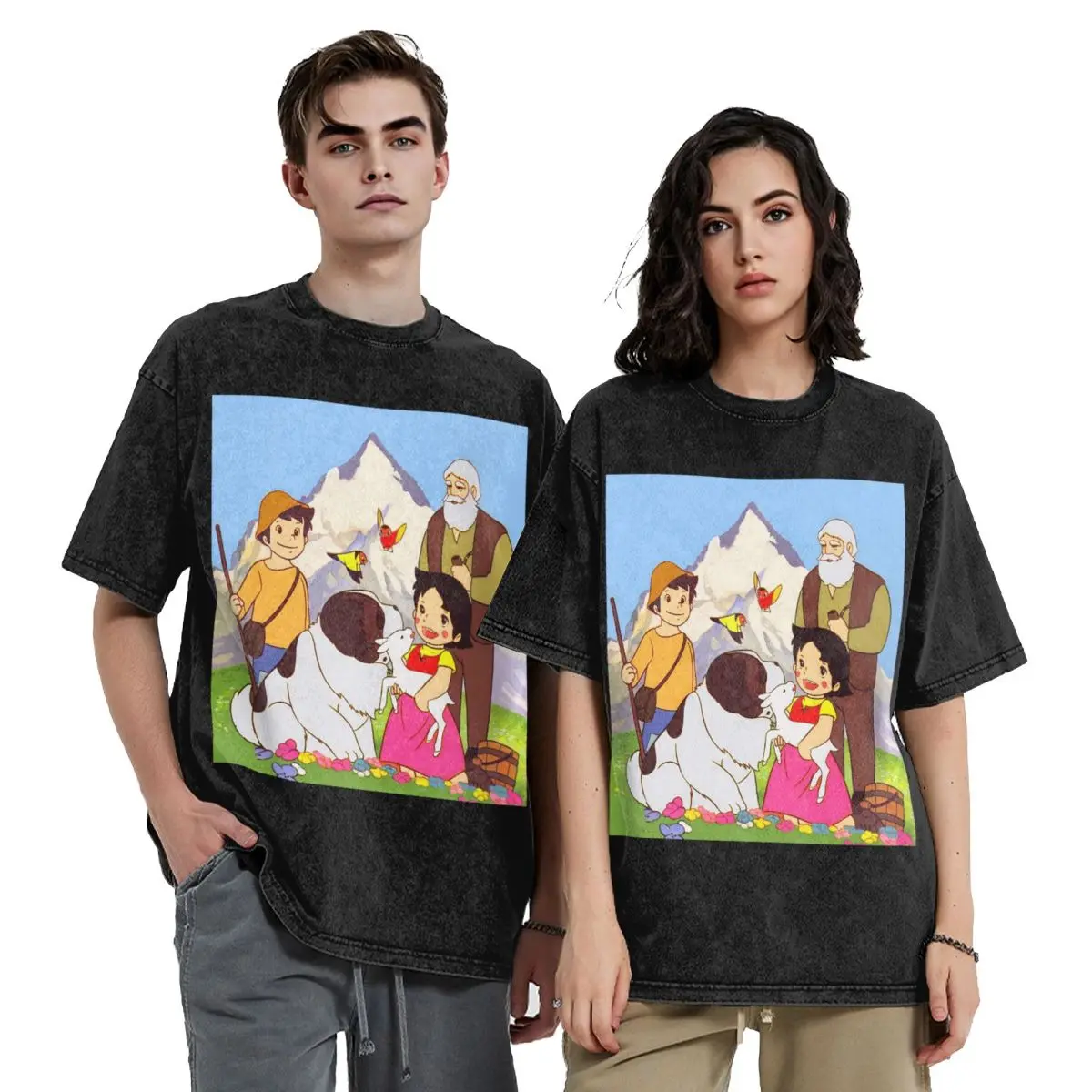 Heidi Peter y abuelo familia Alpes montaña Anime 6 Hip Hop camisetas de manga corta Tops lavados camisetas ropa de calle camiseta Casual