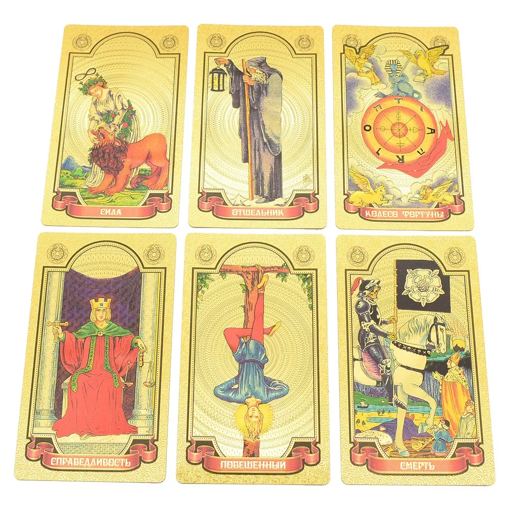 Russian Version Gold Foil Tarot 12x7cm Card Game PVC Waterproof Board Game Cosmic Black Set Poker Divination Gift Box Manual