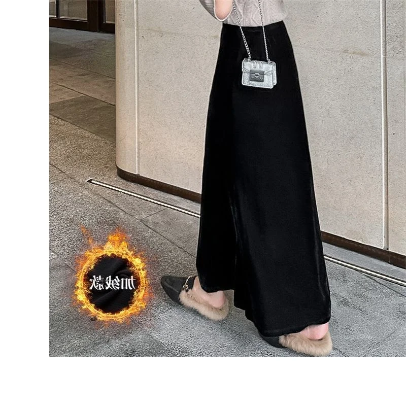 

plus Size Fce Lined Casual A-Line Skirt Women's Bla Anti-Aging Autumn Winter Outerwear Long Skirt High Waist Korean Sle
