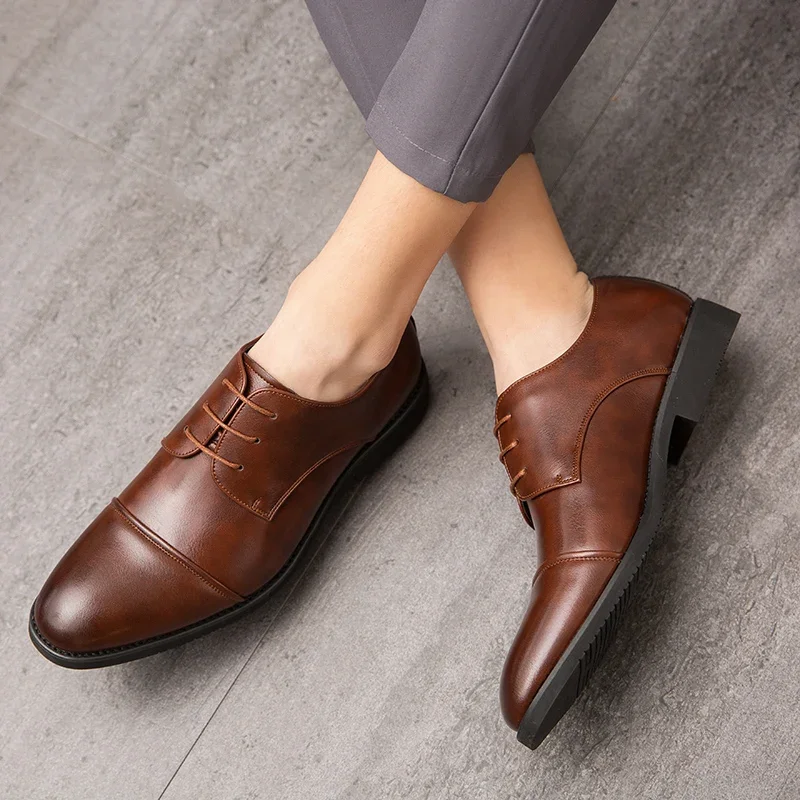 European Station Men  New Arrival Pointed Splice Casual Fashion Derby Leather Shoes Black Brown Sizes 38-48 Men Shoes