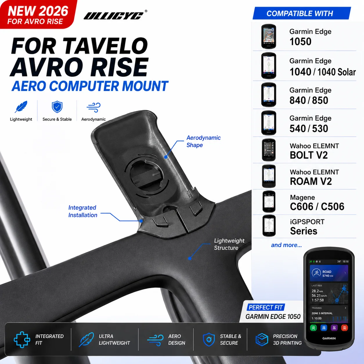 3D-печатное аэродинамическое крепление для компьютера на руль Tavelo Avro Rise Rocket, совместимое с Garmin Edge 1050 1040 850, Wahoo, Magene, IGPS