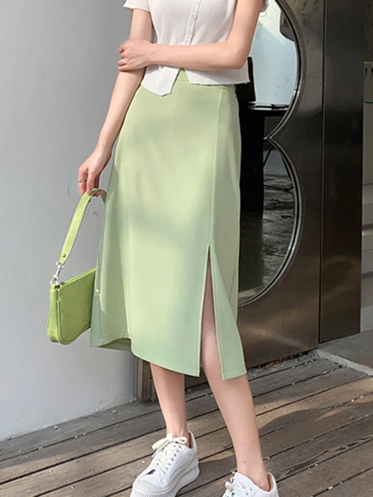 

2024 Summer New Split Skirts Women Polyester Casual A-line Solid Color Elastic High Waist Slit Party Bodycon Stretch Mid Calf