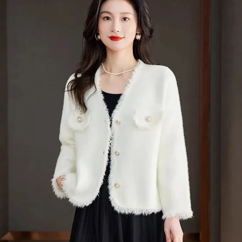 Autumn New Solid Sweaters Coat Vintage Chic Button Short Style Knitted Cardigan Women Clothing Temperament Loose O-neck Tops