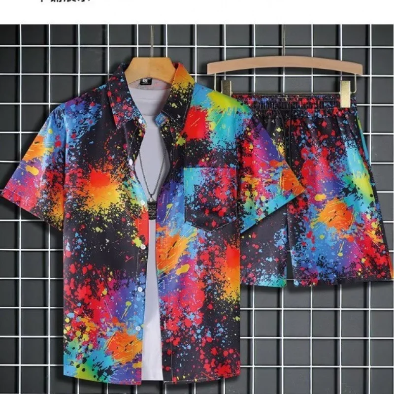 Colorful Graffiti Tie-dye Watercolor Ink Color 3D Print Shirt +Shorts Two Piece Set Short Sleeve Flip Collar Shirts Half Pants