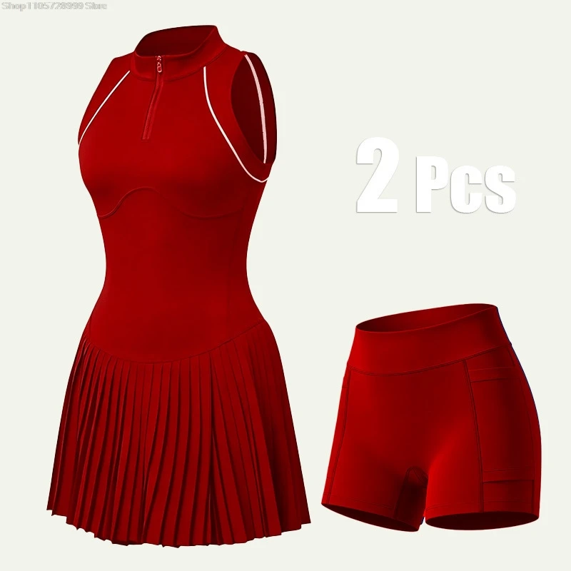 Women Tennis Skort with Built In Shorts Half Zip Sleeveless for Fitness Badminton Running Outdoor Sports