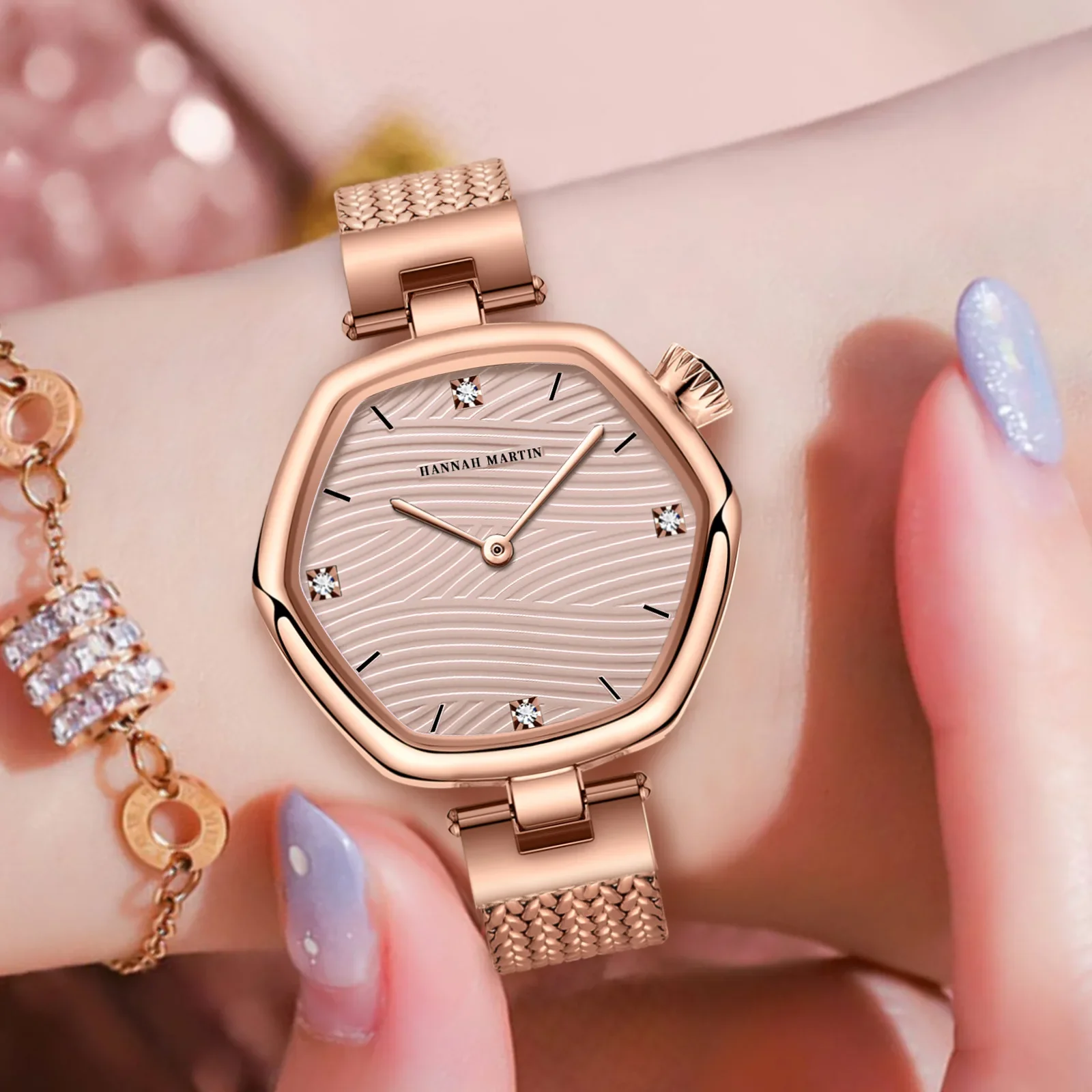HANNAH MARTIN 1681 Stainless Steel Mesh Strap New Ultra Thin Luxury Waterproof Hexagonal Quartz Women's Watch Relogio Feminino