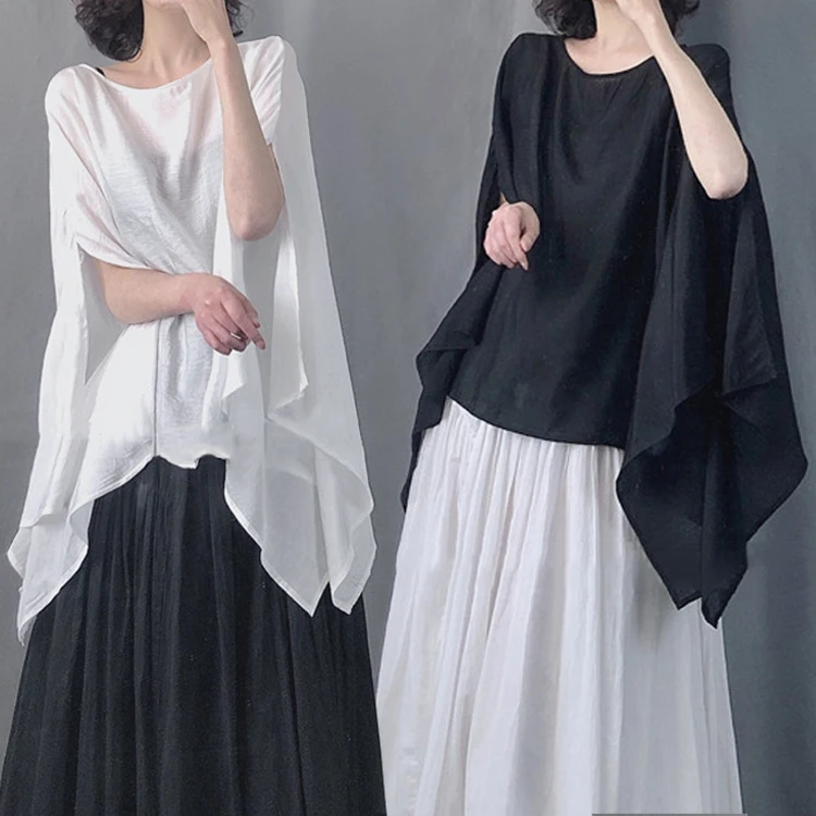 Tannt Women T-shirt Asymmetry Batwing Sleeve Black White Long T-shirt Tops Irregular Fashion Oversize Tops For Women 2023 New