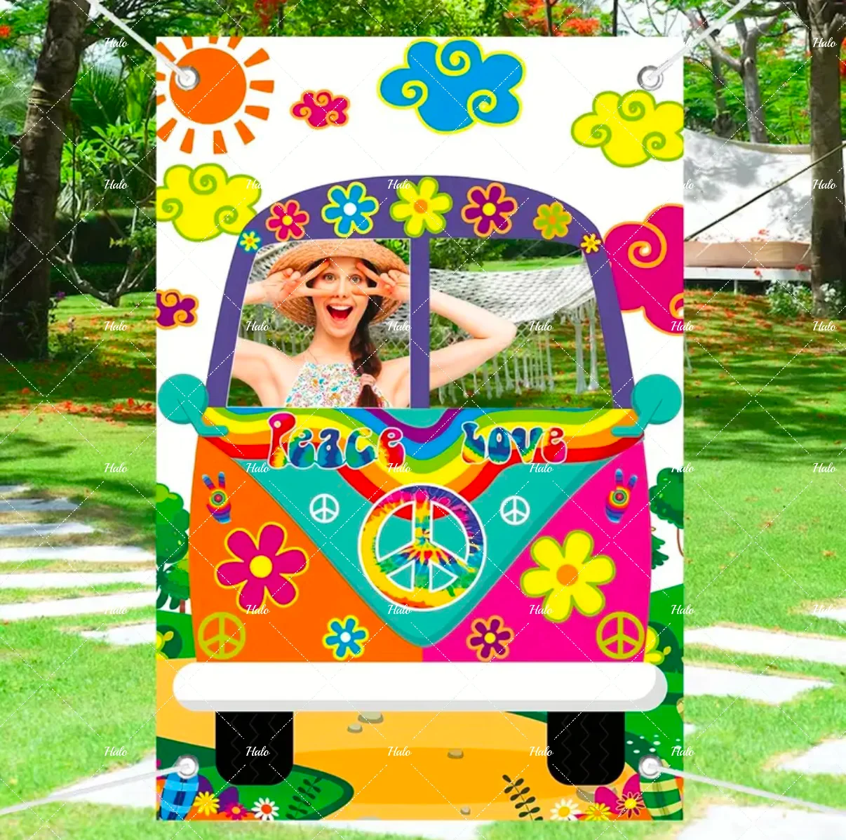 Vintage Hippie Bus Photo Booth Props Banner Hollowed out Van Selfie Frame Logo 6070s Birthday Party Decoration