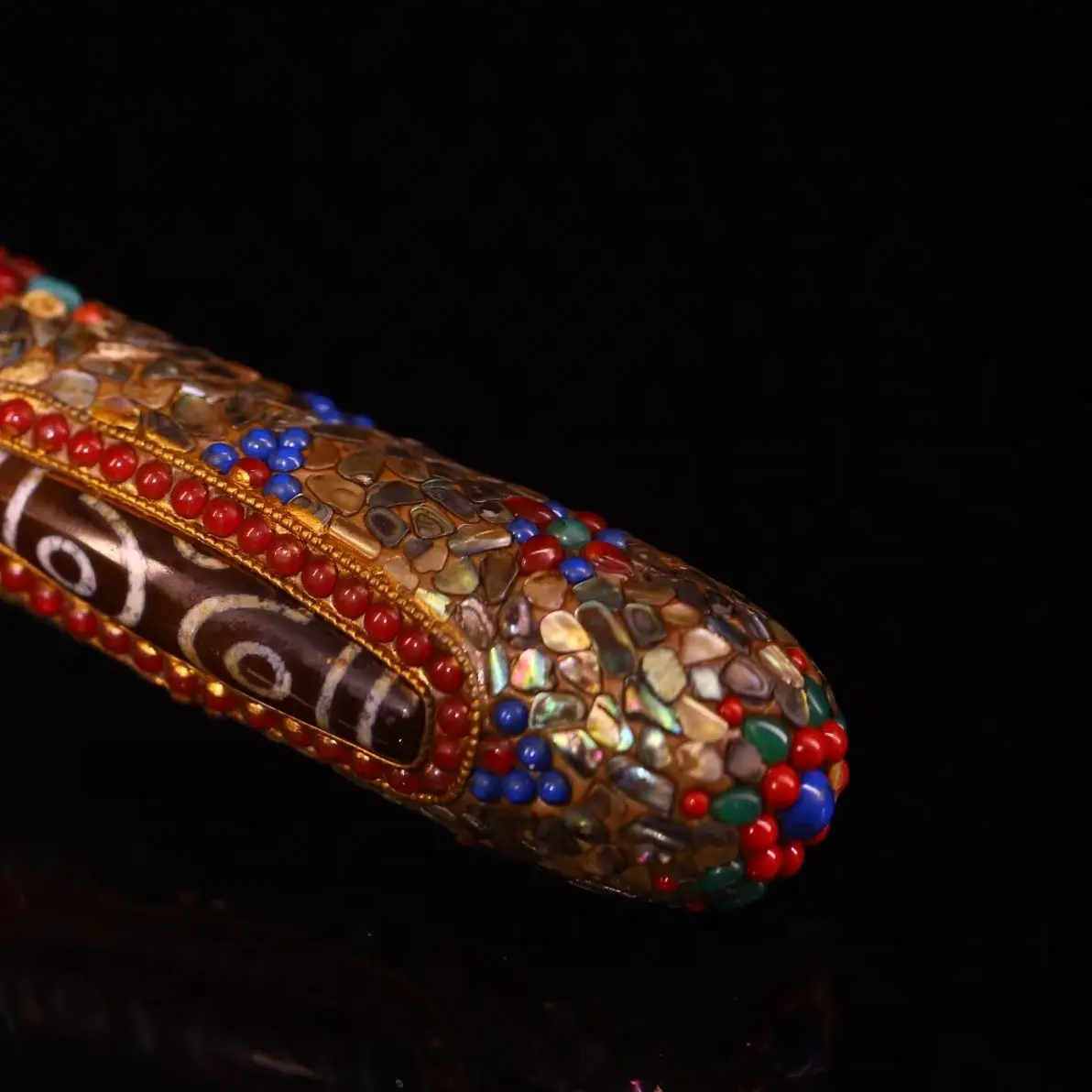 Folk Old Yak Bone Mosaic Gem gZi Beads Tibetan silver gilded filigree Turning Wheel Old scriptures Buddha Wheel