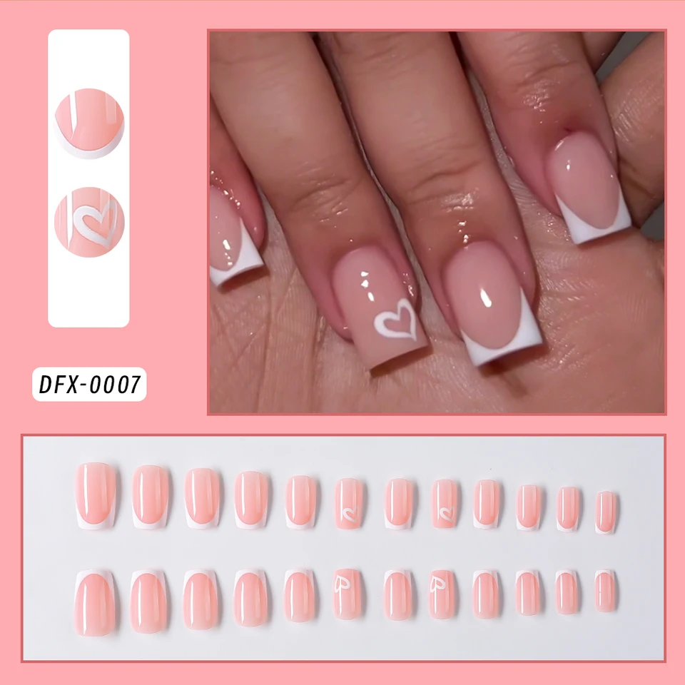24 piezas de uñas postizas cortas rosas con punta francesa y corazones blancos, set de uñas desmontables, regalo 2