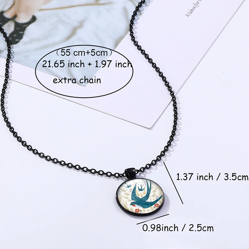 Vintage Swallows in wheat field Picture Glass Dome Round Black Pendant Handcraft Jewelry Necklace