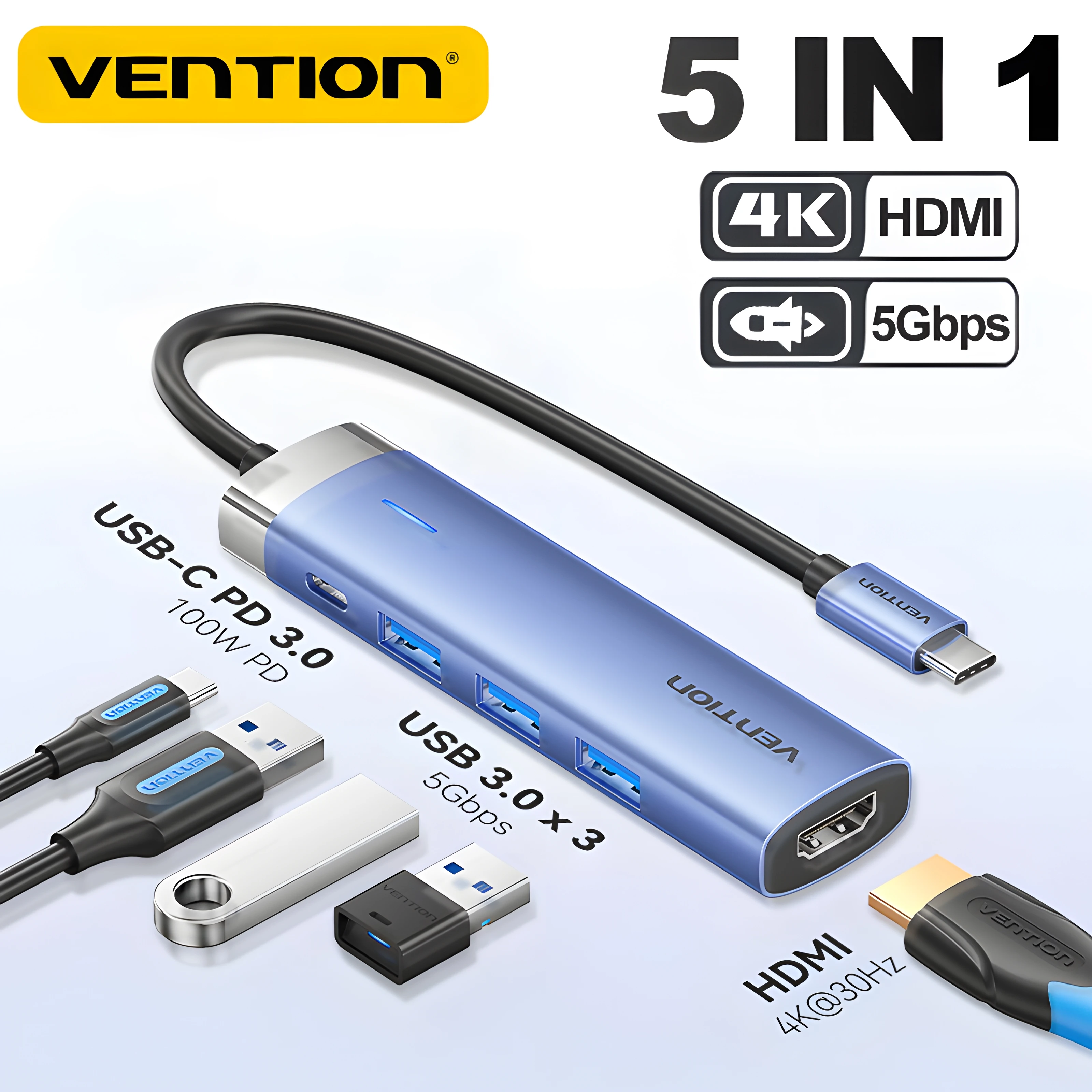 

Vention New! 5 in 1USB C HUB HDMI 4K PD 100W USB 3.0 5Gbps Expansion Adapter Docking Station Splitter for MacBook Xiaomi iPhone