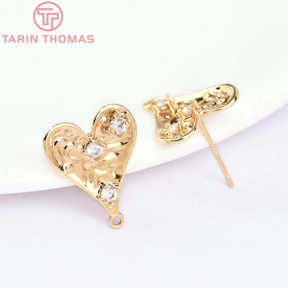 (5926) 4PCS 14x18MM 24K Gold Color Brass with Zircon Heart Stud Earrings High Quality DIY Jewelry Making Findings Accessories