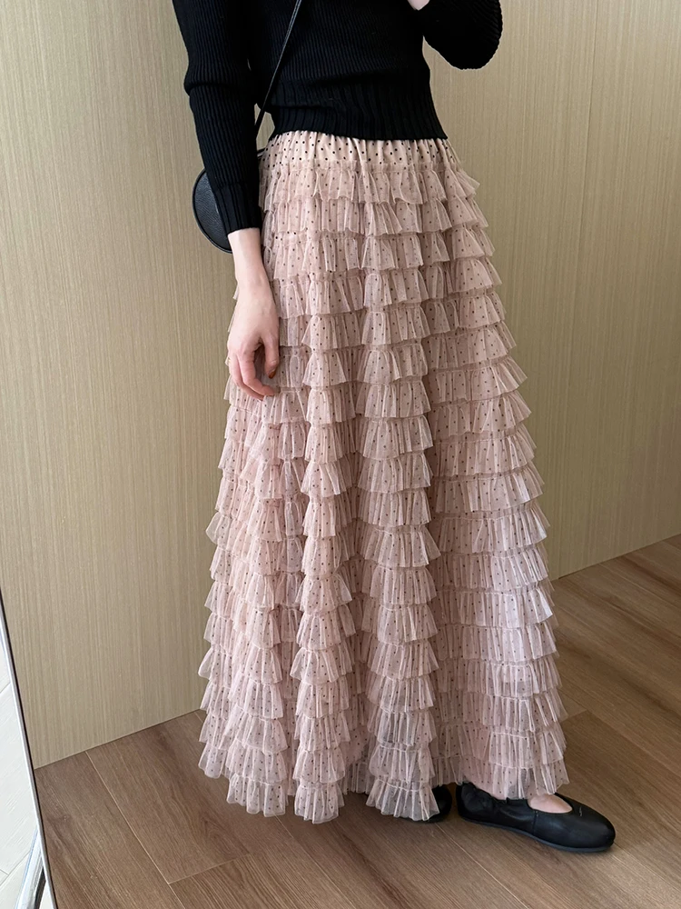 

Весна 2026: Длинная юбка-полка с высокой талией в горошек, в корейском стиле, с эффектом многослойности, для женщин