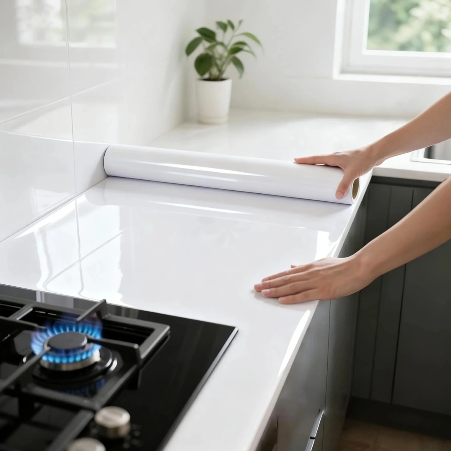 55cm Width Vinyl Pearl Film DIY Waterproof Wallpaper Self-Adhesive White Kitchen W all Stickers High Gloss Room Furniture Paste