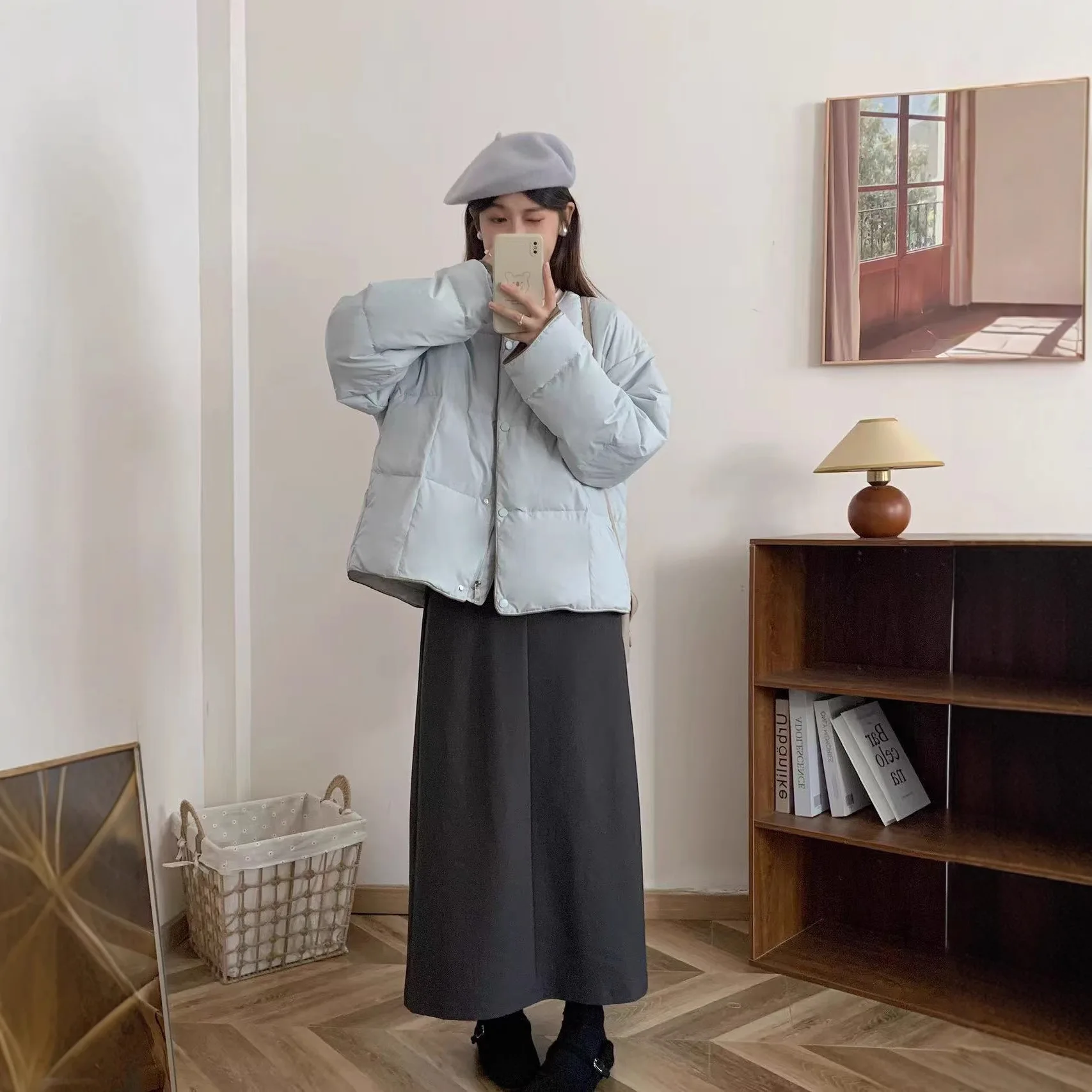 Women Short Parkas Coat Solid Jacket Zipper Pocket Round Neck Long Sleeve Loose Fit Thick Casual Office Lady 2025 Autumn Winter