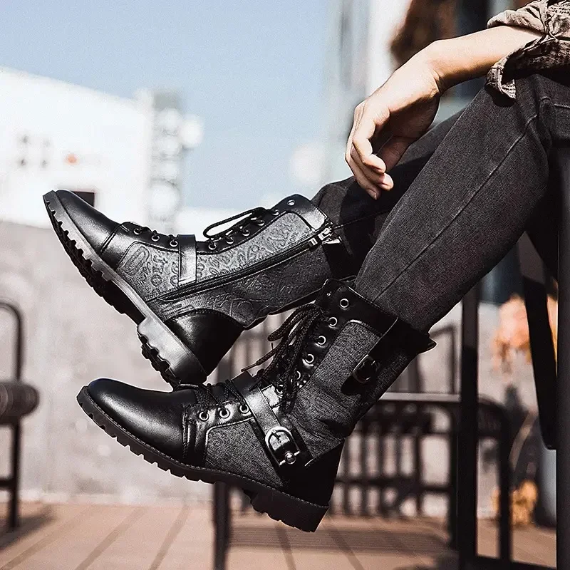 2025New Men Boots Fashion Mid-calf Boots Trend Motorcycle Boot High Top Casual Boots for Men Plush Warm Winter Boot Botas Hombre